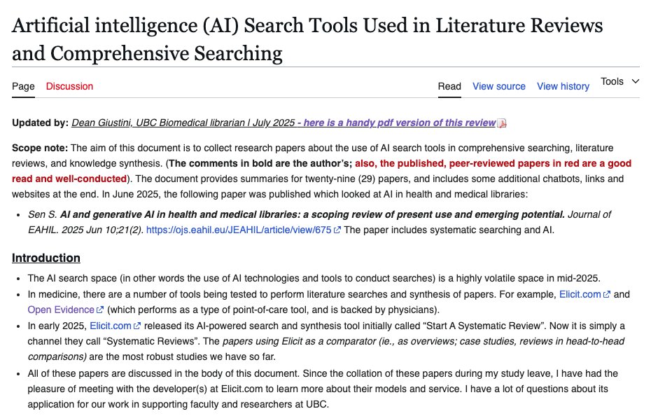 Artificial intelligence (AI) Search Tools Used in Literature Reviews and Comprehensive Searching / Giustini, 2025
🖊️n=29 papers on AI searching in lit / systematic reviews
wiki.ubc.ca/Artificial_int…
It's a start. More wiki entries later. #medlibs