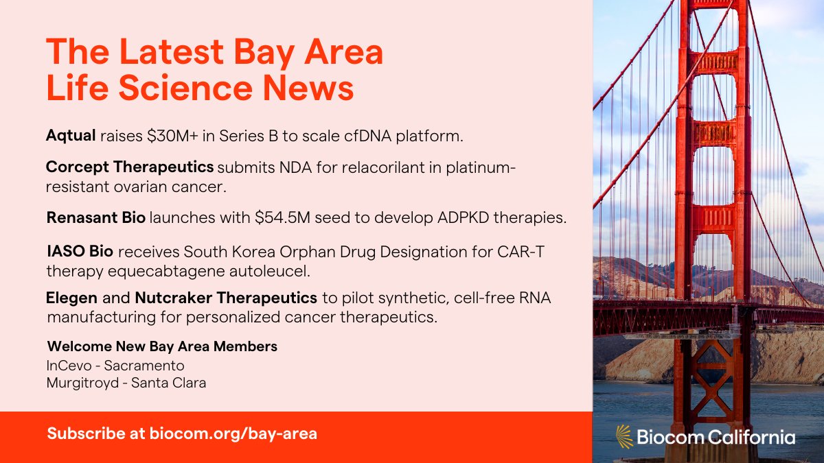 BiocomCA's tweet image. In this week's Bay Area Newsletter: @Aqtual raises $30M+ Series B; @Corcept submits NDA for relacorilant; @IASO_US gets S. Korea orphan drug nod; @ElegenBio & @Nutcracker_Tx pilot RNA manufacturing; Renasant Bio launches with $54.5M; and more. Subscribe: bit.ly/3PVYyhu