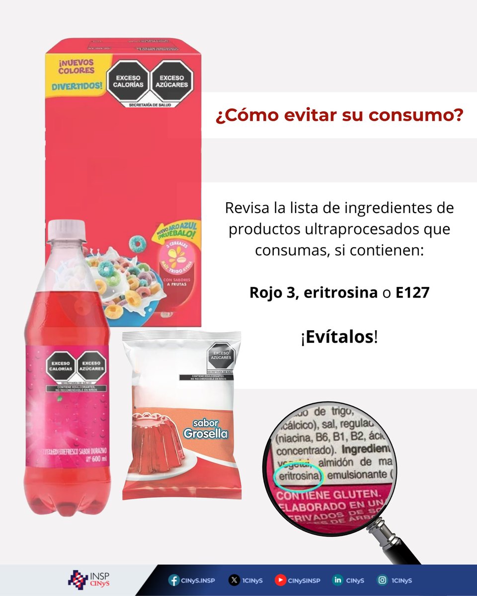 🔬 En 2025, la FDA prohibió el uso del colorante rojo #3 (eritrosina o E127) en alimentos y medicamentos ingeribles, debido a evidencia sobre su posible vínculo con cáncer en animales y efectos adversos en la conducta infantil.

Aunque su uso aún no está regulado en nuestro país,