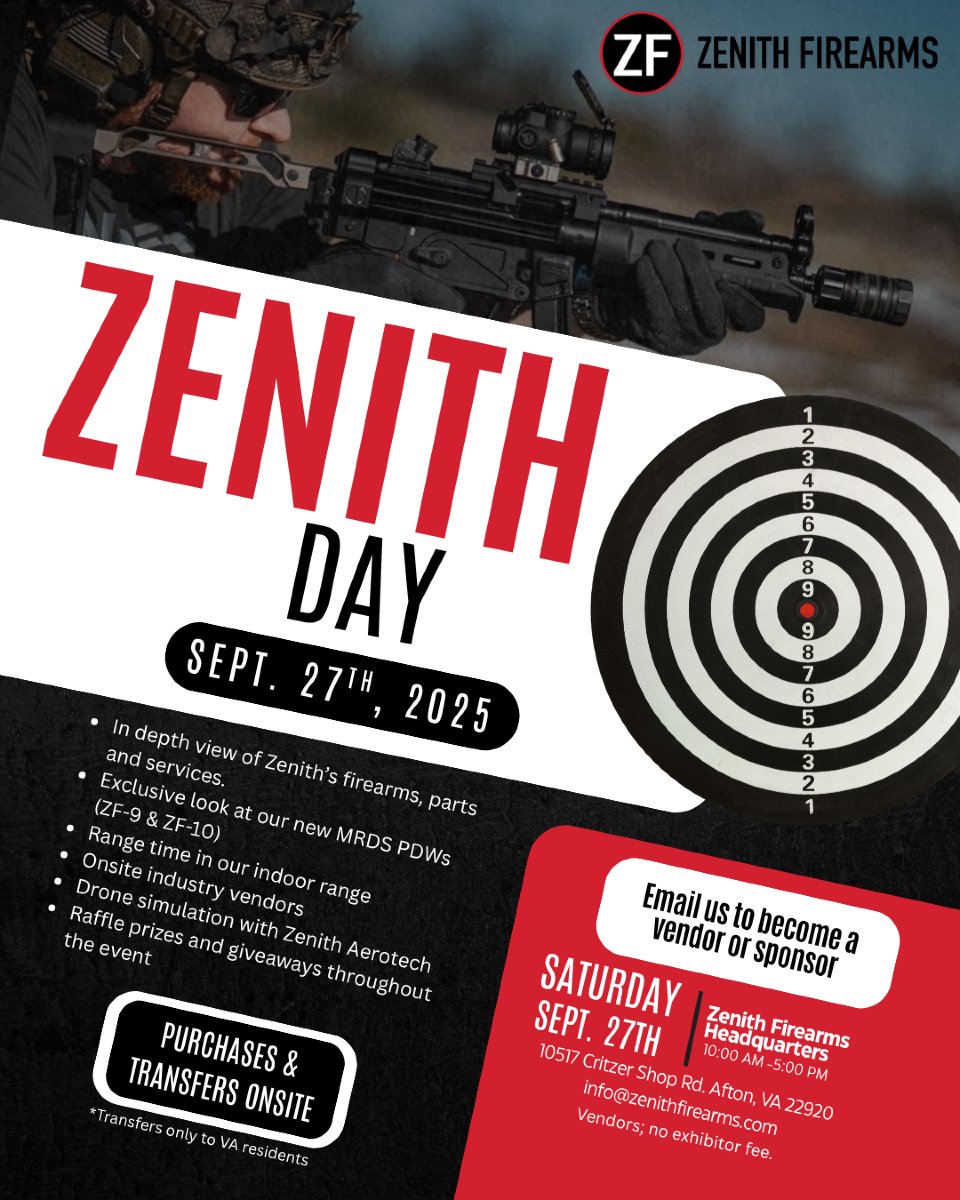 Zenith Day returns September 27th at our headquarters in Afton, VA. This is the second year in, and we’re going bigger than ever. Come get hands-on with the new ZF-9 and ZF-10 PDWs, shoot on our indoor range, connect with fellow Americans, and meet vendors from across the