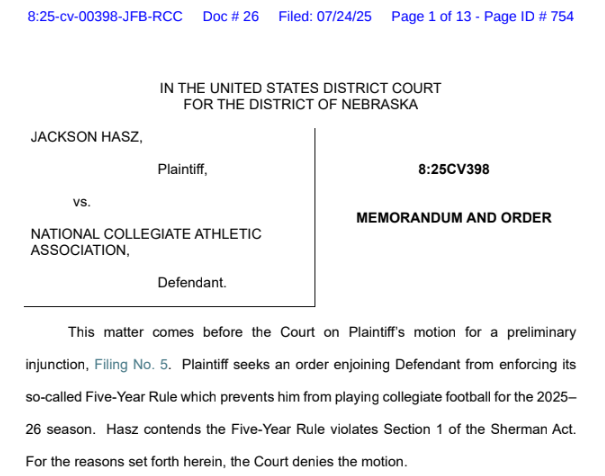 Another NCAA eligibility rule case goes in favor of the NCAA, with UNLV football player Jackson Hasz denied a preliminary injunction that would have allowed him to play in 2025-26.