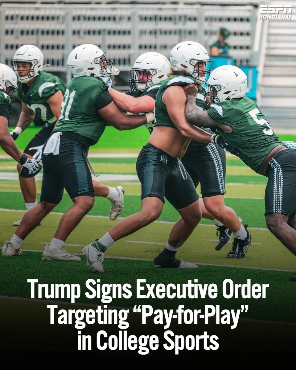 ESPNHonolulu's tweet image. Trump signs executive order banning “pay-for-play” deals for college athletes 💸
Brand endorsements stay, but big-money bidding wars in the transfer portal could be over.