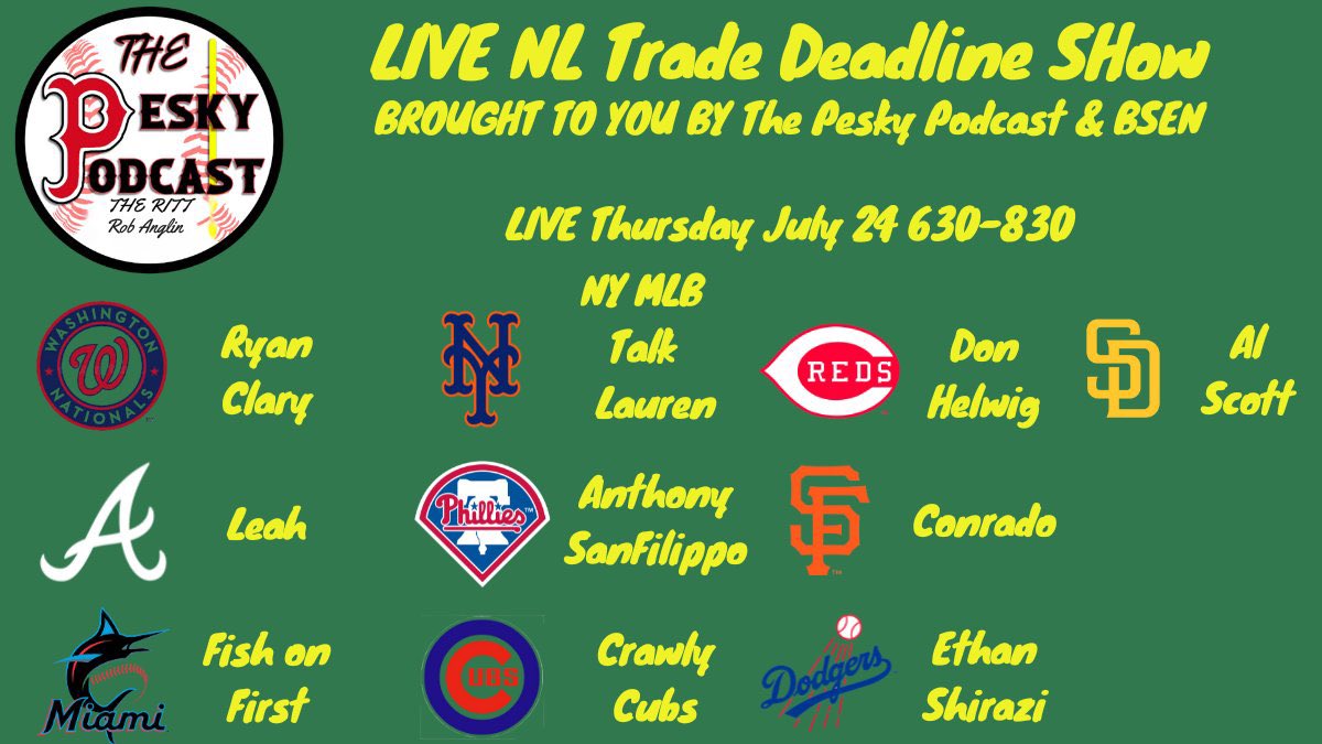 Pesky Podcast (@pesky_podcast) on Twitter photo We are LIVE for our NL trade deadline special. It’s so packed we need two hours for the guest. #dirtywater
youtube.com/live/QAEocQzDI…
<a href="/leeeahhhhh/">𝐿𝑒𝒶𝒽❤️⚾️ ›››››</a> <a href="/crawlyscubs/">Crawly's Cubs Kingdom</a> <a href="/CP3_777/">Conrado Pascual</a> <a href="/DonHelbig/">Don Helbig</a> <a href="/AlScott1998/">Al Scott</a> <a href="/nymlbtalk/">NY MLB Talk</a> <a href="/CalmYourMitts/">Lauren</a> <a href="/Ethanshirazi24/">Ethan Shirazi</a> <a href="/Ryanclary11/">Ryan Clary</a> <a href="/FishOnFirst/">Fish On First</a> <a href="/AntSanPhilly/">Anthony SanFilippo</a> We are LIVE for our NL trade deadline special. It’s so packed we need two hours for the guest. #dirtywater
youtube.com/live/QAEocQzDI…
<a href="/leeeahhhhh/">𝐿𝑒𝒶𝒽❤️⚾️ ›››››</a> <a href="/crawlyscubs/">Crawly's Cubs Kingdom</a> <a href="/CP3_777/">Conrado Pascual</a> <a href="/DonHelbig/">Don Helbig</a> <a href="/AlScott1998/">Al Scott</a> <a href="/nymlbtalk/">NY MLB Talk</a> <a href="/CalmYourMitts/">Lauren</a> <a href="/Ethanshirazi24/">Ethan Shirazi</a> <a href="/Ryanclary11/">Ryan Clary</a> <a href="/FishOnFirst/">Fish On First</a> <a href="/AntSanPhilly/">Anthony SanFilippo</a>