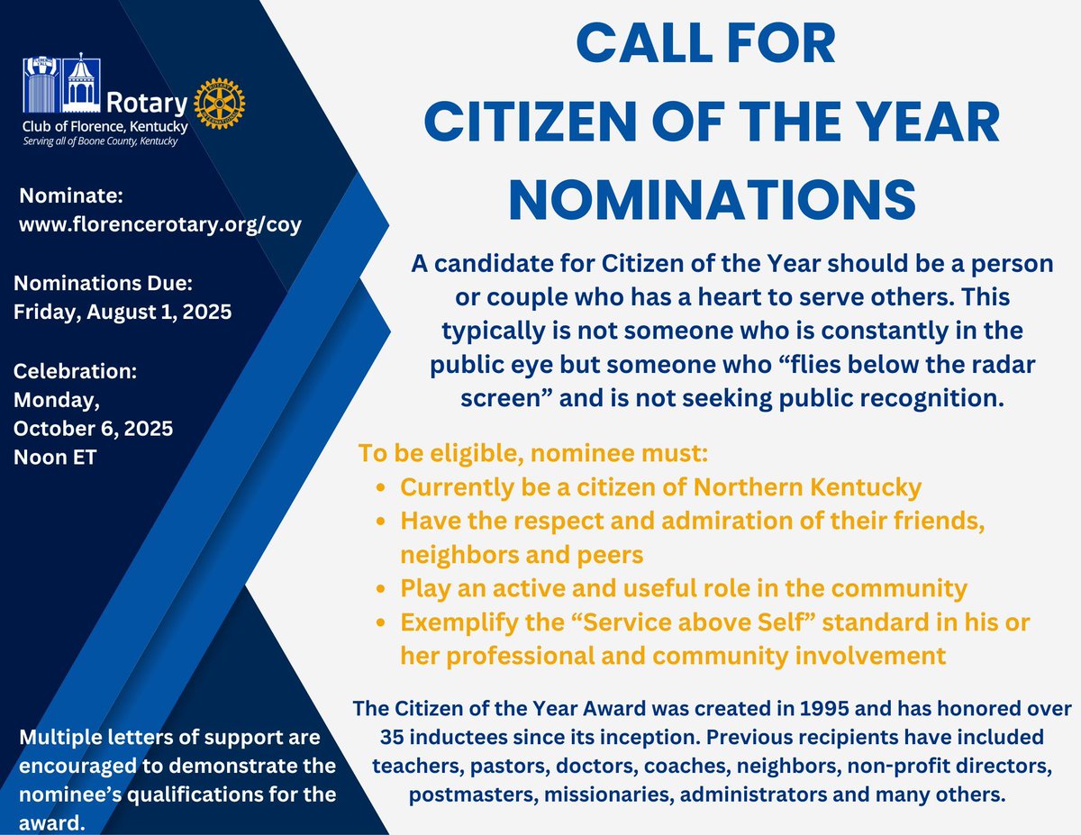 💡 Think of someone who:
 ✔️ Serves with heart
 ✔️ Shuns the spotlight
 ✔️ Inspires by example
 Nominate them for the Citizen of the Year before August 1.
 🔗 florencerotary.org/coy
 #FloRo #COY #ServiceAboveSelf #CelebrateOurCommunity