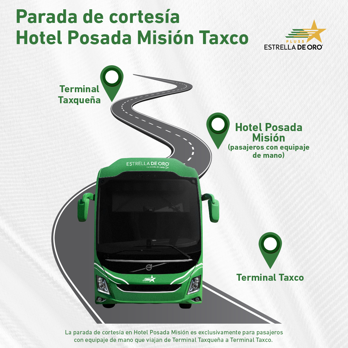 ¿Vas a viajar a Taxco? 🤩💚 Tenemos una buena noticia para ti. Se tendrá una parada de cortesía en el Hotel Posada Misión en Taxco al salir desde la Terminal Taxqueña.
Recuerda que solo es para pasajeros con equipaje de mano:
tinyurl.com/2578kqen