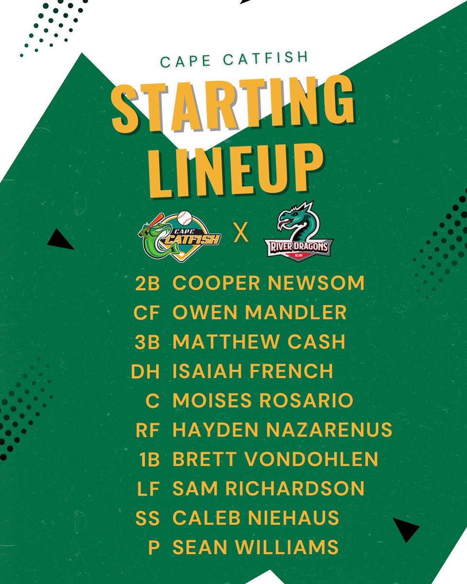 Tonight’s starting lineup against the Alton River Dragons is set and ready to go! First pitch here in about an hour! 💜 

#CapeCatfish #Reelitin