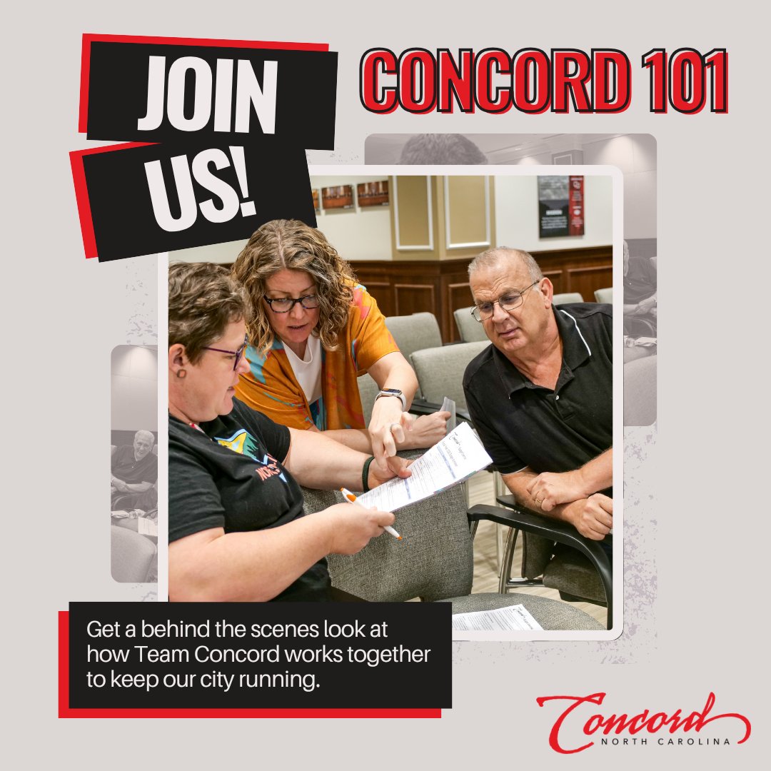 ⏳ Time is running out to apply for Concord 101!

Join us for our next Concord 101 class where you’ll go behind the scenes and discover what it takes to run one of North Carolina’s fastest growing cities.

Apply before it’s too late 👉 concordnc.gov/Concord101
