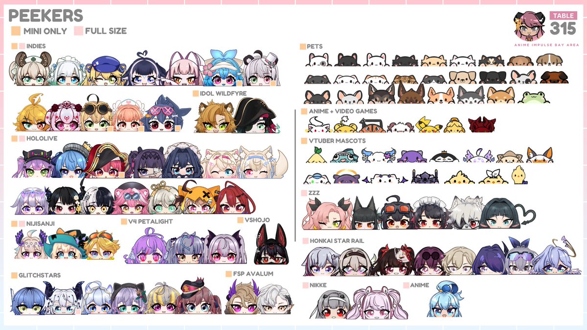 [ #ANIMEImpulseBA2025 ] Miao @ AI Bay Area Artist Alley - Booth Z315

Better late than never? Here's my catalog for AIBay! New items + restocks 🥰

NEW:
🌸 2B Enamel Pin
🌸 Sameko Saba Acrylic Charm
🌸 Umamusume prints

⬇ Prints, Clearance Peekers, &amp; Stamp Rallies ⬇