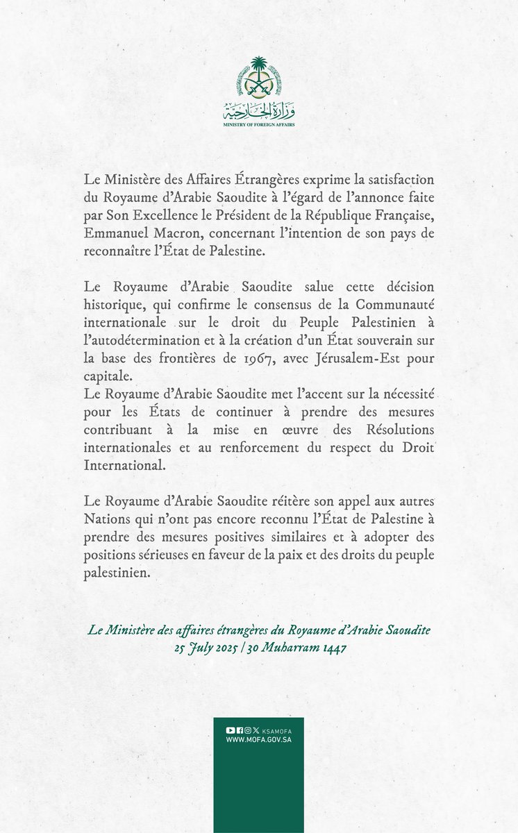 Ministère des Affaires Étrangères 🇸🇦 (@ksamofafra) on Twitter photo #Communiqué | Le Ministère des Affaires Étrangères exprime la satisfaction du Royaume d'Arabie Saoudite à l'égard de l'annonce faite par Son Excellence le Président de la République Française, <a href="/EmmanuelMacron/">Emmanuel Macron</a>, concernant l'intention de son pays de reconnaître l'État de #Palestine #Communiqué | Le Ministère des Affaires Étrangères exprime la satisfaction du Royaume d'Arabie Saoudite à l'égard de l'annonce faite par Son Excellence le Président de la République Française, <a href="/EmmanuelMacron/">Emmanuel Macron</a>, concernant l'intention de son pays de reconnaître l'État de #Palestine