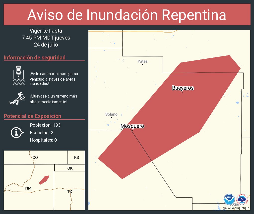 Aviso de Inundación Repentina incluye Mosquero NM, Bueyeros NM hasta las 7:45 PM MDT