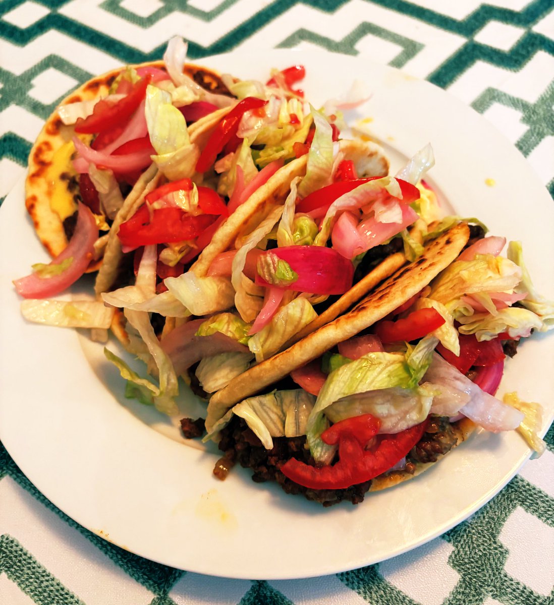 Ground Beef Tacos with Queso, Pickled Onion Salad on Homemade Tortillas 🌮