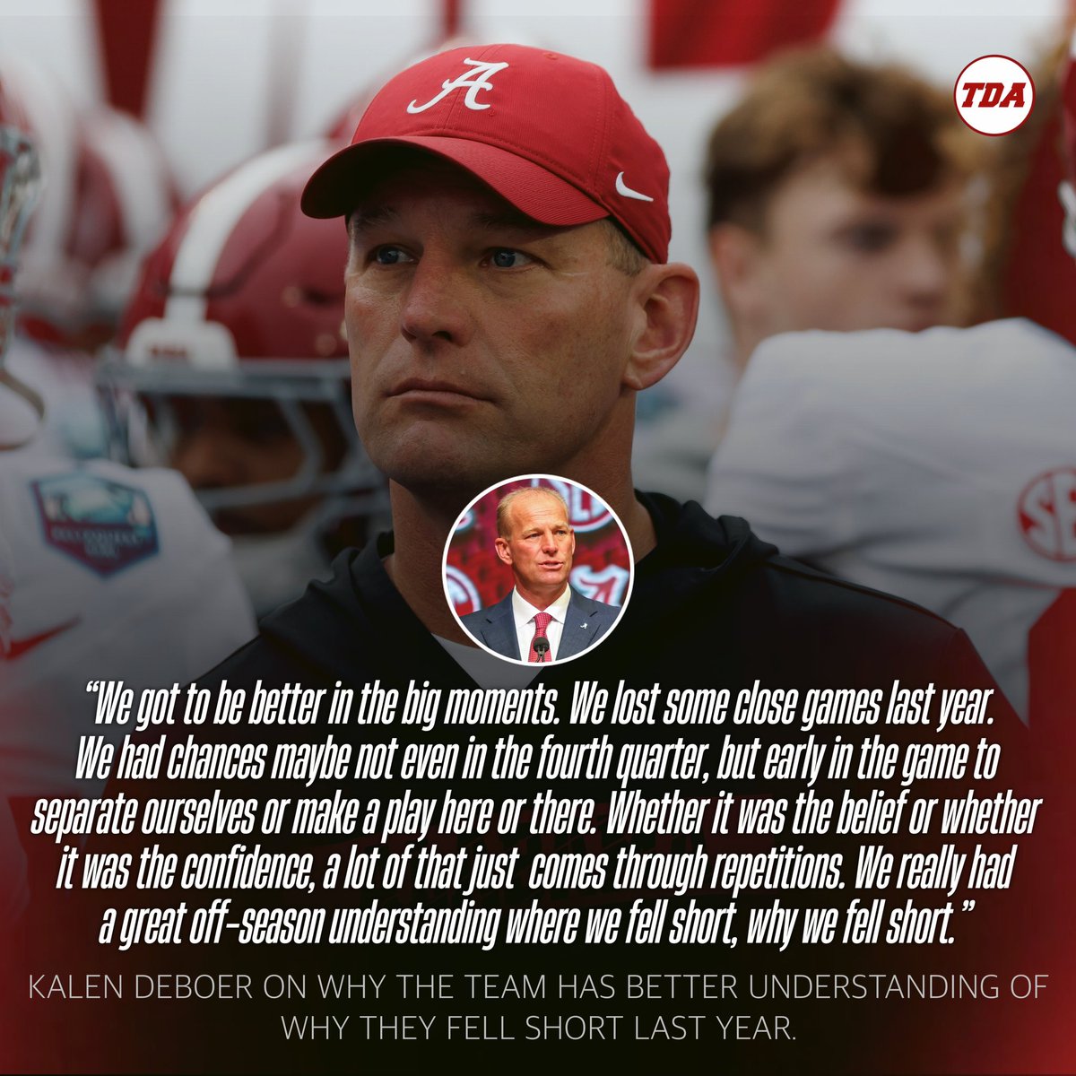 TDAlabamaMag's tweet image. Kalen DeBoer feels this year’s team has made significant strides and grew as a unit over the offseason. 💯
How confident are you in Alabama having a bounce back season in year 2 of the Kalen DeBoer era?
tdalabamamag.com/2025/07/22/deb…