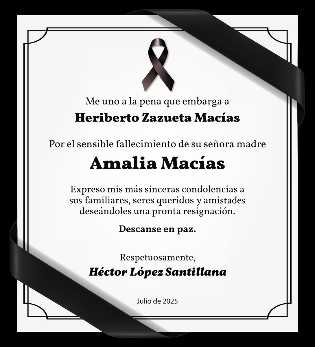 Expreso mi más sentido pésame por el fallecimiento de la Sra. Amalia Macías, madre de Heriberto Zazueta Macías.

A nombre propio y del equipo de <a href="/PuertoInterior/">GTO Puerto Interior</a>, acompañamos a Heriberto y a su familia con respeto y solidaridad.