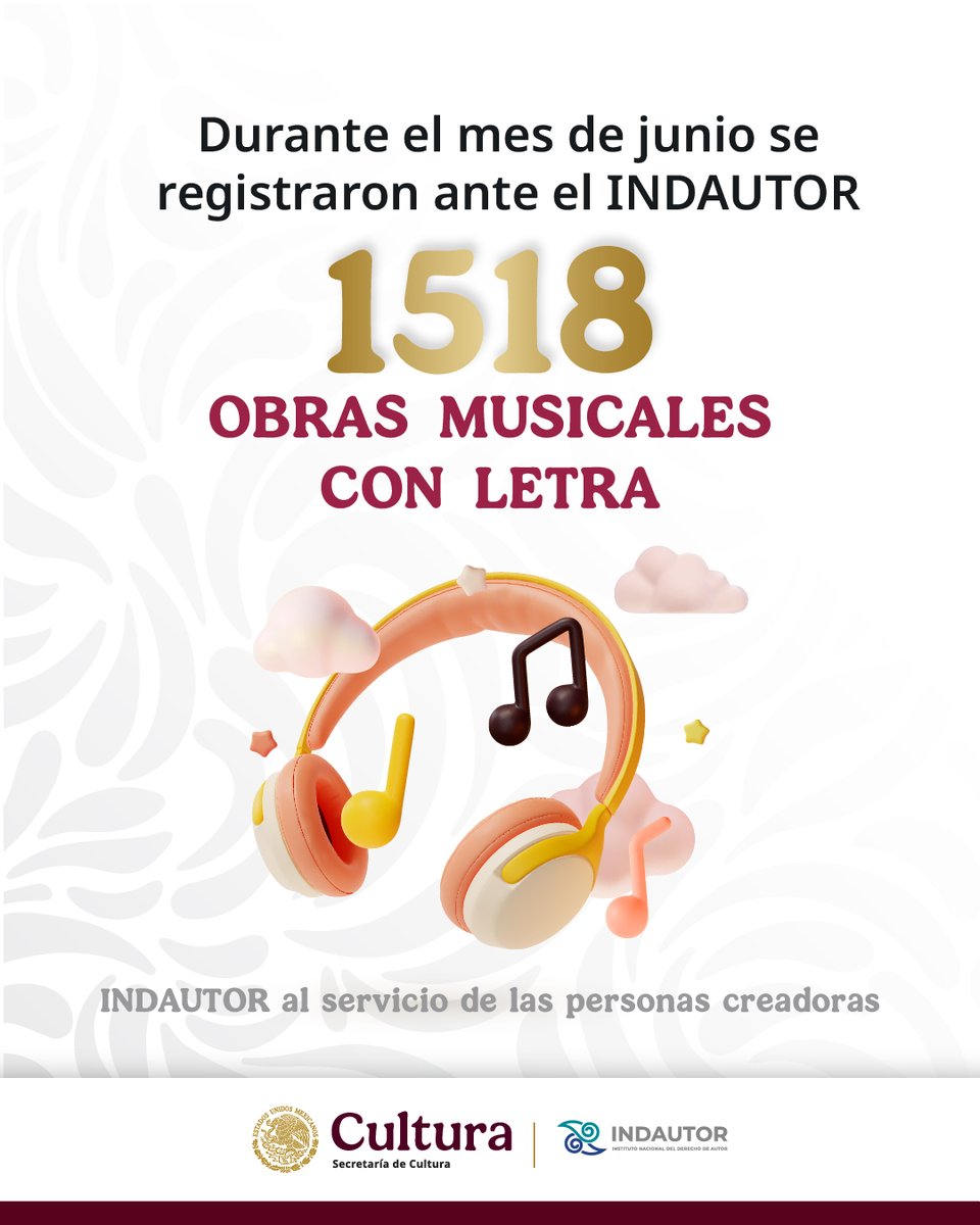 #ConteoINDAUTOR 🧮 

Durante el mes de junio se registraron ante el #INDAUTOR 1,518 obras musicales con letra. 🎶🎵🎙️

INDAUTOR al servicio de las personas creadoras. 🤓✨

Mantente al día y síguenos en nuestras redes sociales ⛓️ linktr.ee/indautor