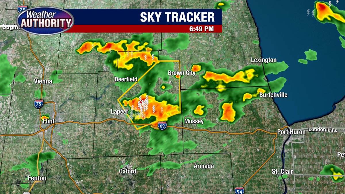 SEVERE T-STORM WARNING for LAPEER COUNTY... north of I-69.  Stay indoors as this storm moves NE.