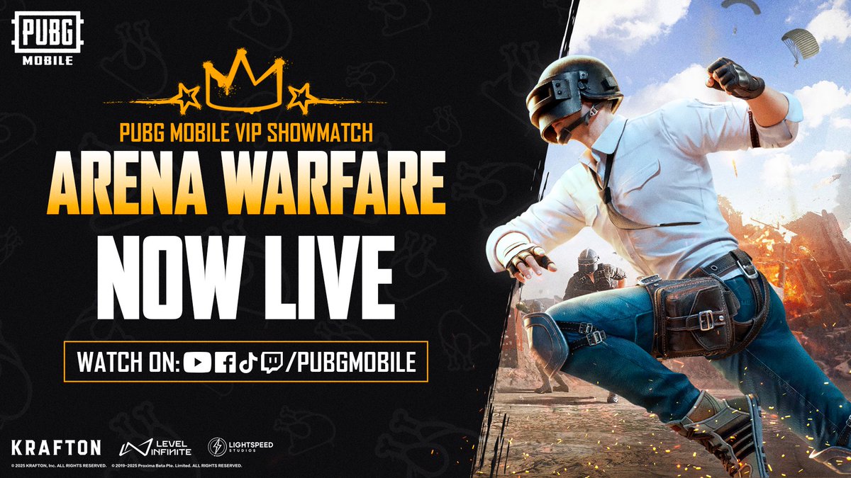 So EXCITED to be bringing you the action for the PUBG MOBILE VIP Showmatch: Arena Warfare!

These 8 teams are ready to put on a show and compete for their share of the $4,000 USD prize pool.

Watch now 👉 youtube.com/live/_XFPAaBz1…

#PUBGMVIP #RANKEDARENA #PUBGMPartner