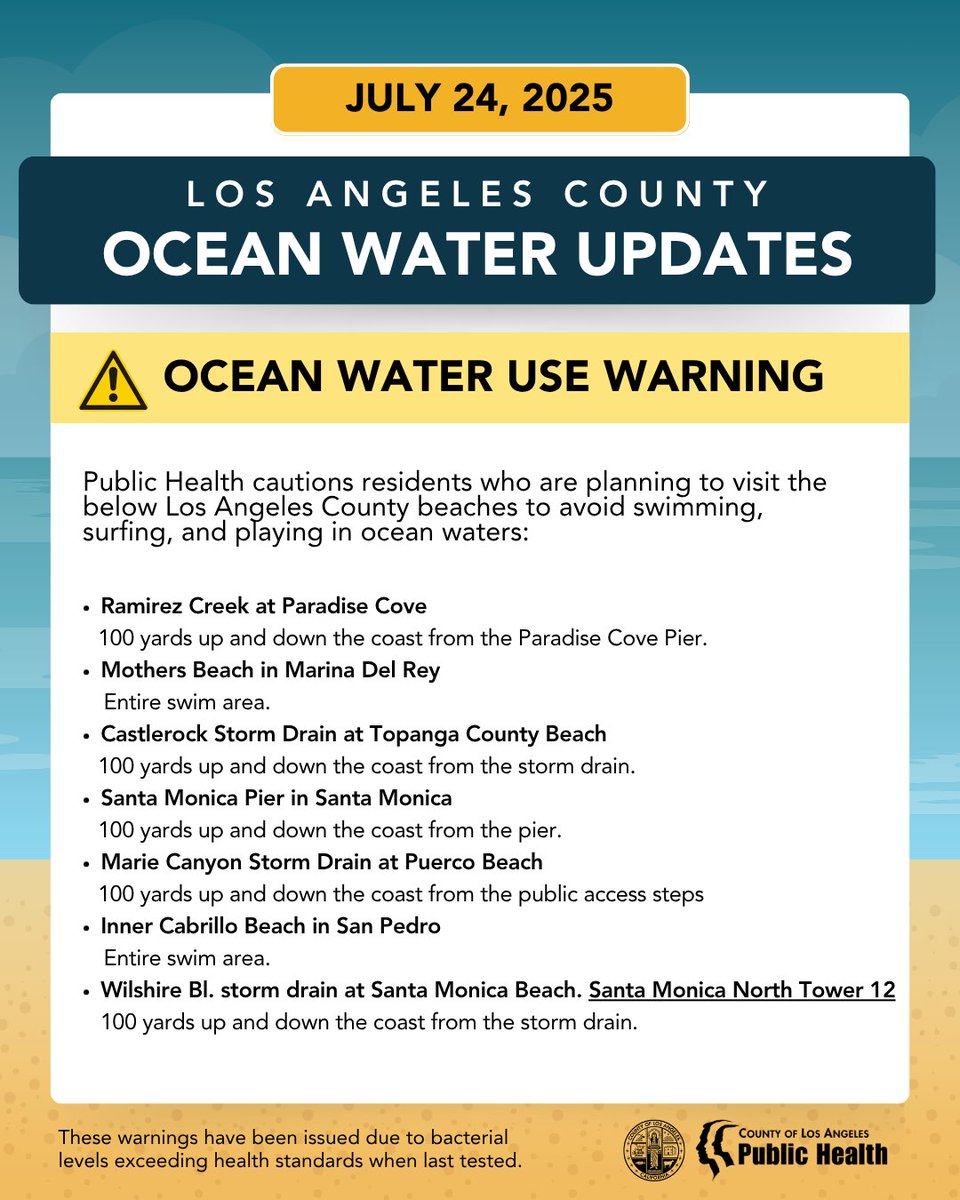 lapublichealth's tweet image. LOS ANGELES COUNTY OCEAN WATER UPDATES.
For more info, visit: bit.ly/3ILpct8
