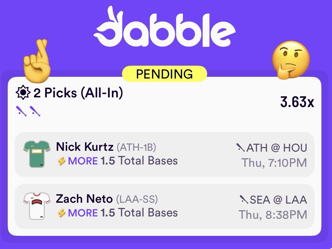 Blitz Bets ⚡️ (@bsmbets) on Twitter photo Late night MLB props with <a href="/blitzlink_/">Ryan Linkletter</a> 🔥🔥
Nick Kurtz O1.5 Total Bases
Zach Neto O1.5 Total Bases
Try out Link’s parlay on <a href="/DabbleFantasy/">Dabble Fantasy</a> with our code “BLITZSM” for a free $10 when signing up 🔥
Link ⬇️ Late night MLB props with <a href="/blitzlink_/">Ryan Linkletter</a> 🔥🔥
Nick Kurtz O1.5 Total Bases
Zach Neto O1.5 Total Bases
Try out Link’s parlay on <a href="/DabbleFantasy/">Dabble Fantasy</a> with our code “BLITZSM” for a free $10 when signing up 🔥
Link ⬇️
