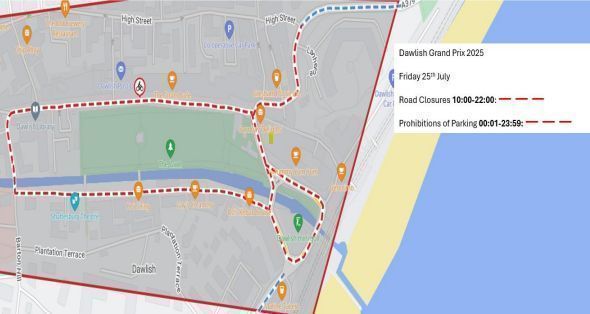DevonAlert's tweet image. 25/07/25 00:02 #Devon ROAD CLOSURE DAWLISH Fri 25 July 2025 10:00–22:00
The Strand, Alexander Rd, Brunswick Pl, A379 Jubilee Bridge & A379 (to High St) CLOSED for an event.
No parking/loading 00:01–23:59 Diversions via A379, A38, A380, A381.
Plan ahead. SW @BBCDevon @StagecoachSW
