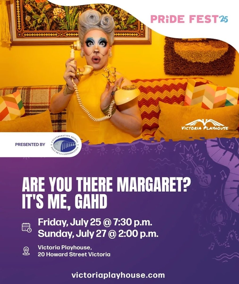 HouseOfGahd's tweet image. PRINCE EDWARD ISLAND 🌁🥔 🦞
Come celebrate Pride with me!
I'll be performing my one-woman play, "Are You There Margaret? It's Me, Gahd." FRIDAY and SUNDAY at the Victoria Playhouse!
Get your tickets now 🤩
houseofgahd.com/events/areyout…