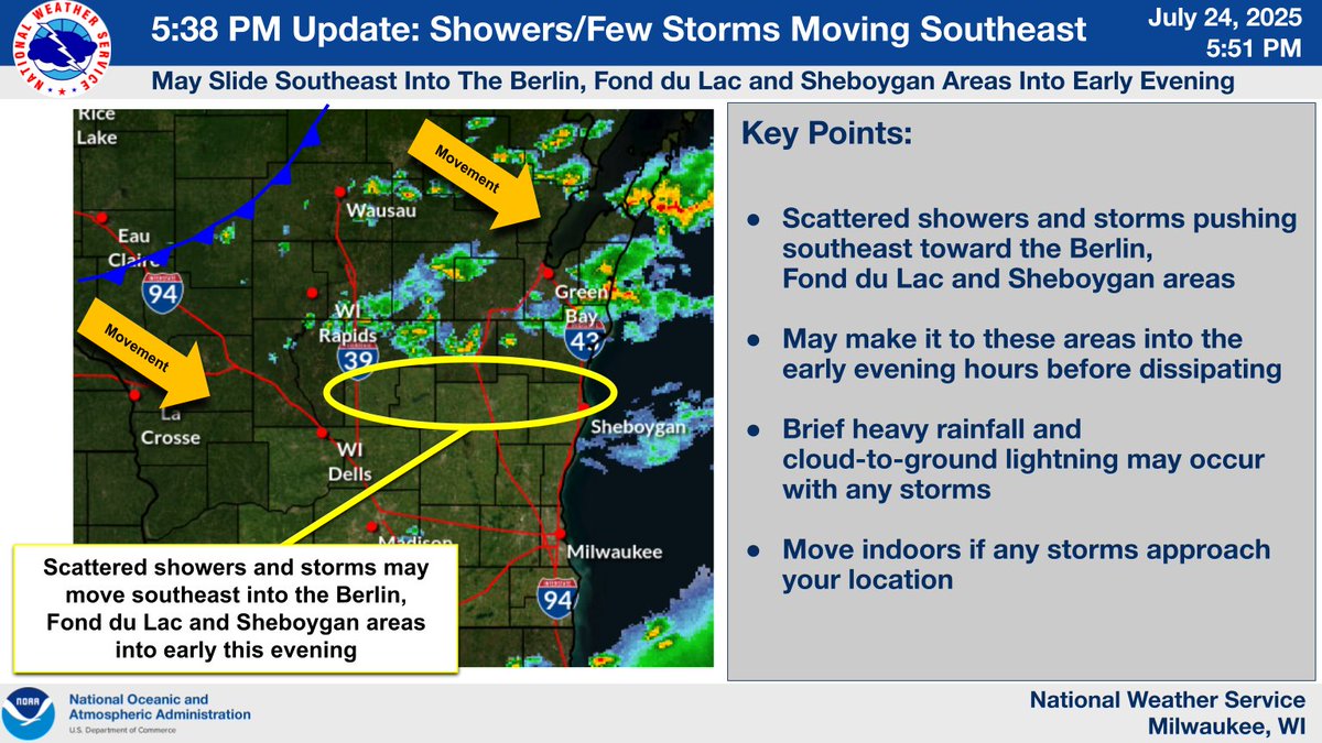 NWSMilwaukee's tweet image. Scattered showers and a few storms were moving southeast and may affect the Berlin, Fond du Lac and Sheboygan areas into early this evening. Brief heavy rainfall and cloud-to-ground lightning may occur with any storms. Go indoors if any storms approach your location. #swiwx #wiwx