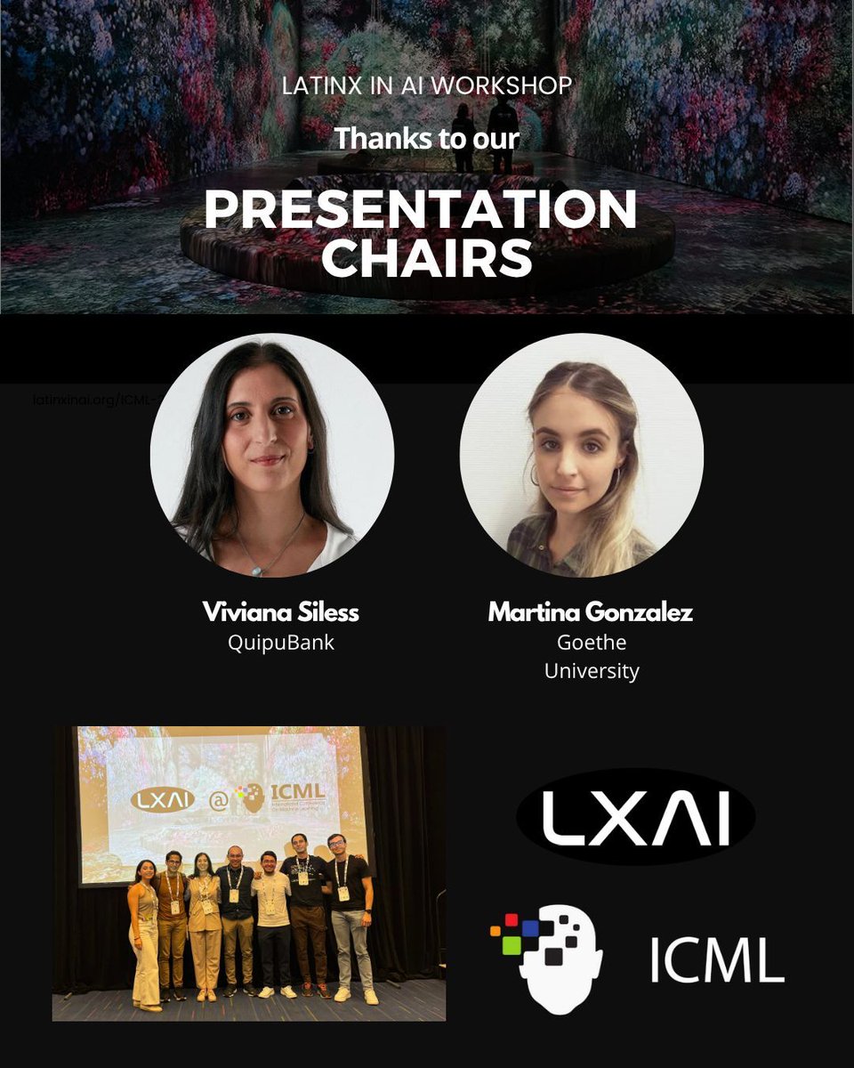 _LXAI's tweet image. Thank you to the ICML 2025 Presentations Chairs, Viviana Siless, Ph.D. and Martina G. Vilas for all your help coordinating the oral and poster sessions for the Latinx in AI (LXAI) workshop! 🎤🖼️
#ICML2025 #LatinxinAI #DiversityInAI