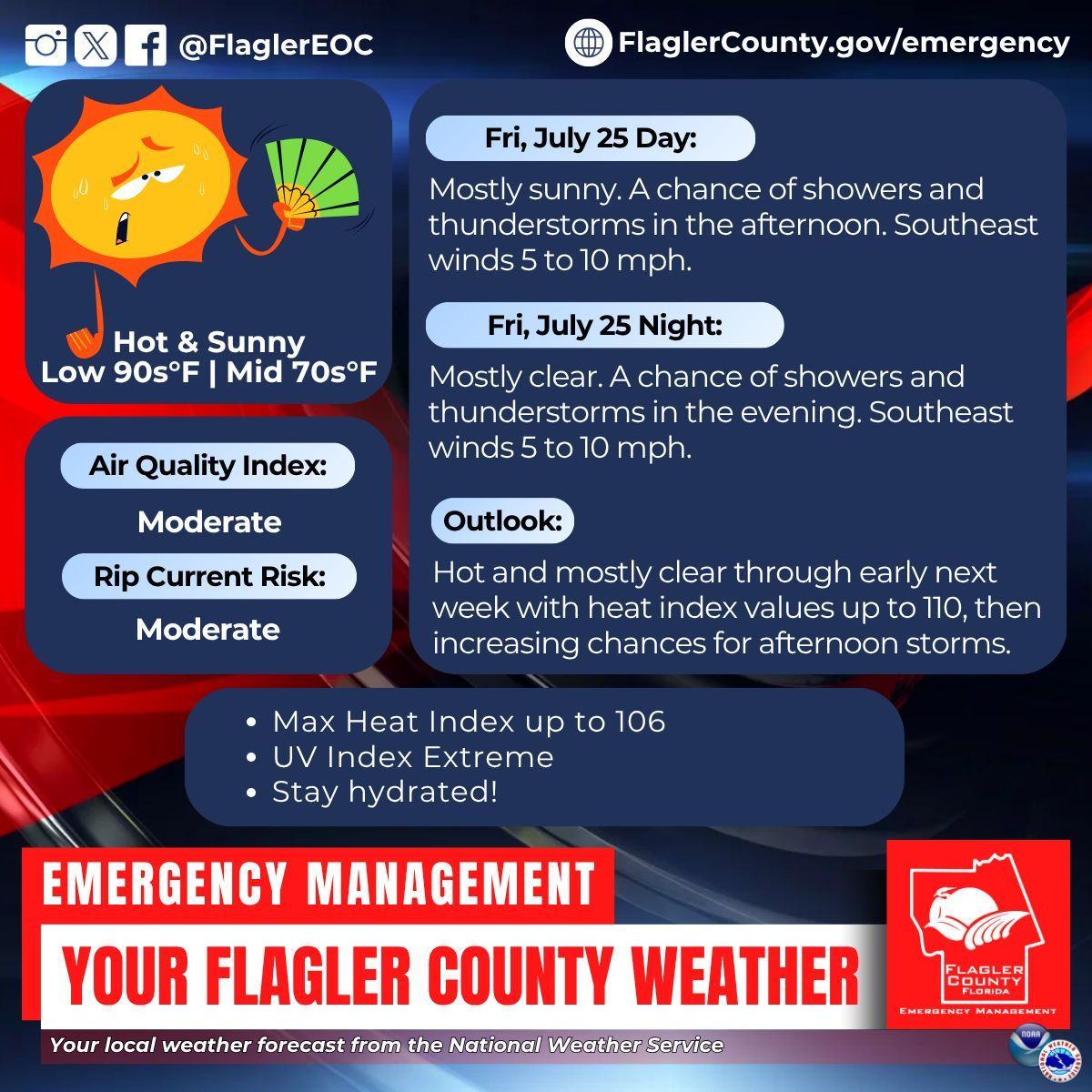 FlaglerEOC's tweet image. Your local weather forecast from the National Weather Service for Fri, July 25. For updates visit weather.gov/jax Sign up for free weather alerts at FlaglerCounty.gov/AlertFlagler #FlaglerWeather #FlaglerCounty #WeatherAlert