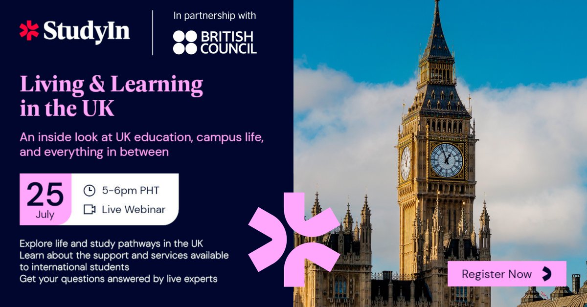 phBritish's tweet image. 🎓 Thinking of studying in the UK?
Join StudyIn Philippines and @phBritish for a free webinar: Living & Learning in the UK 🇬🇧
📅 July 25 | 🕔 5–6 PM
🔗 Register: siglobal.link/LivingLearning…