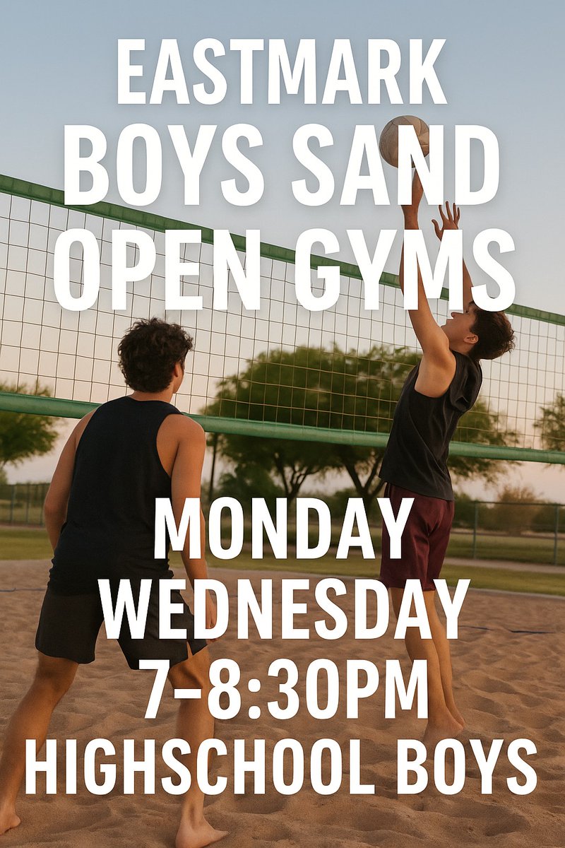 🔥 Calling all high school boys! Join our FREE Eastmark Boys Sand Open Gyms on Mon &amp; Wed, 7-8:30 PM! 🏐 Level up your game in the sand! 💪 Bring a friend &amp; let's progress together! #EastmarkVolleyball #GrindInTheSand 🌊🌟