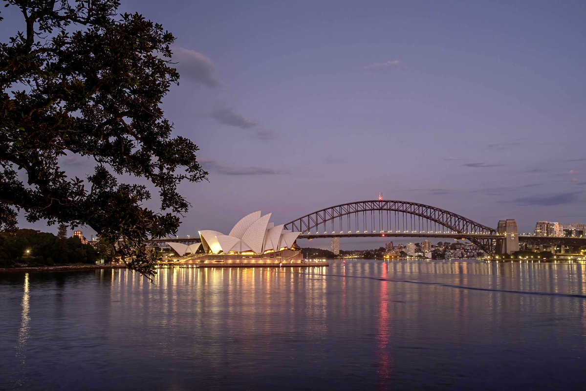 timritchie's tweet image. I cop some flack when I comment on the cold, but this morning was bitter.
The soon to rise sun is at my back as I look across Farm Cove from Mrs Macquarie’s point to the Opera House and Harbour Bridge.