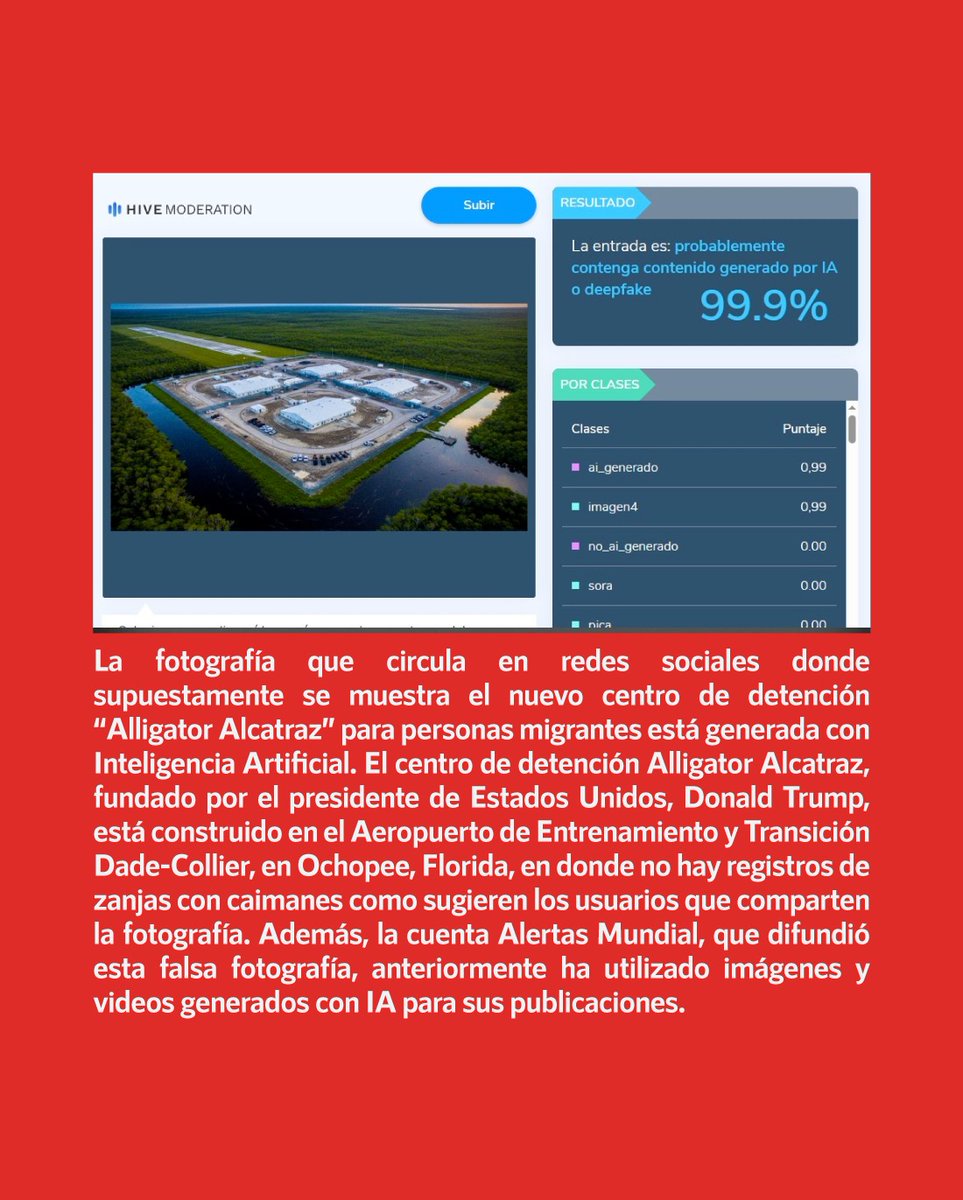 infodemiaMex's tweet image. ❌Falsa imagen que muestra la nueva cárcel para personas migrantes #AlligatorAlcatraz en Florida, #EU
✅La fotografía que circula en redes sociales donde supuestamente se muestra el centro de detención Alligator Alcatraz fue generada con #InteligenciaArtificial.
✅Además, la…