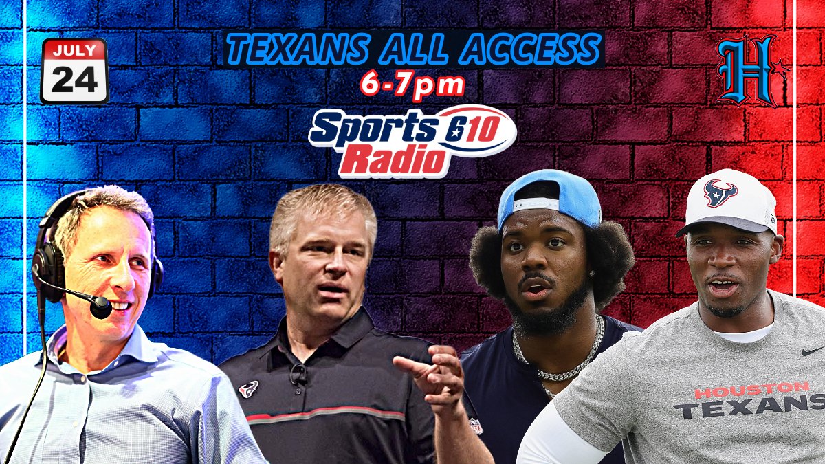 SportsRadio 610 (@sportsradio610) on Twitter photo Texans All Access is LIVE 6-7pm with the fellas <a href="/jharrisfootball/">John Harris</a> & <a href="/TexansVoice/">Marc Vandermeer</a> on a Thursday in H-Town!🚨
🏈Texans Camp DAY #2 observations!📝
🏈Hear from General Manager Nick Caserio!🗣️
🏈In the Loop talks ball with Azeez Al-Shaair🤘
LISTEN/WATCH Live Links BELOW!👇 Texans All Access is LIVE 6-7pm with the fellas <a href="/jharrisfootball/">John Harris</a> & <a href="/TexansVoice/">Marc Vandermeer</a> on a Thursday in H-Town!🚨
🏈Texans Camp DAY #2 observations!📝
🏈Hear from General Manager Nick Caserio!🗣️
🏈In the Loop talks ball with Azeez Al-Shaair🤘
LISTEN/WATCH Live Links BELOW!👇