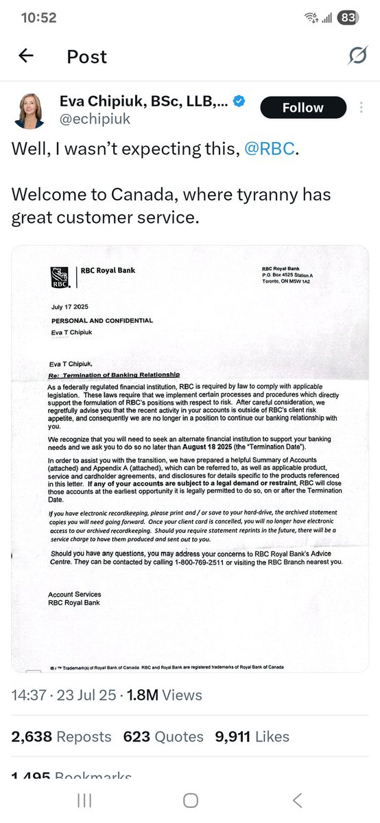 HungryTrucker's tweet image. Chris Barber&apos;s JCCF lawyer Eva Chipiuk had her bank account closed and they are blaming the evil globalists. Banks don&apos;t care who you vote for, but they do care if there are a lot of suspicious transactions like huge deposits. Banks may suspect fraud or money laundering and act.