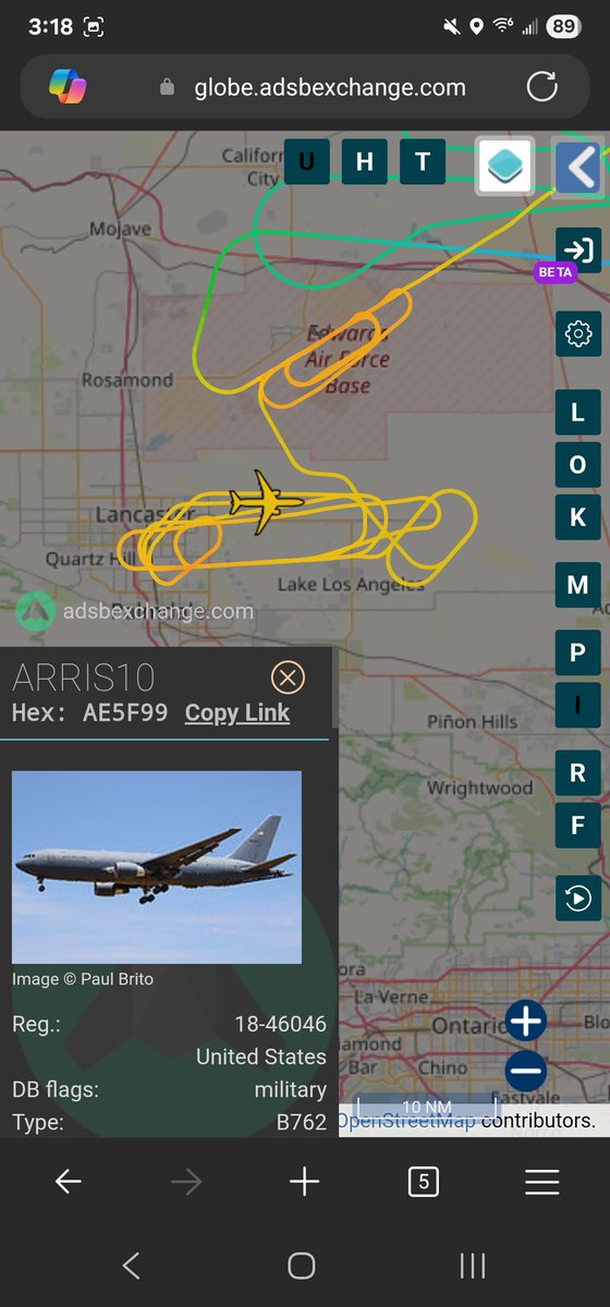 norb420's tweet image. #AE5F99 as #ARRIS10 Up from Edwards AFB KEDW and headed East. Worked in the Turtle ๐ข MOA near Lake Havasu City for a couple of hours. Headed back to Edwards AFB for a couple of touch n go's and then went down to Plant 42 to more pattern work. Just landed at Edwards after aโฆ