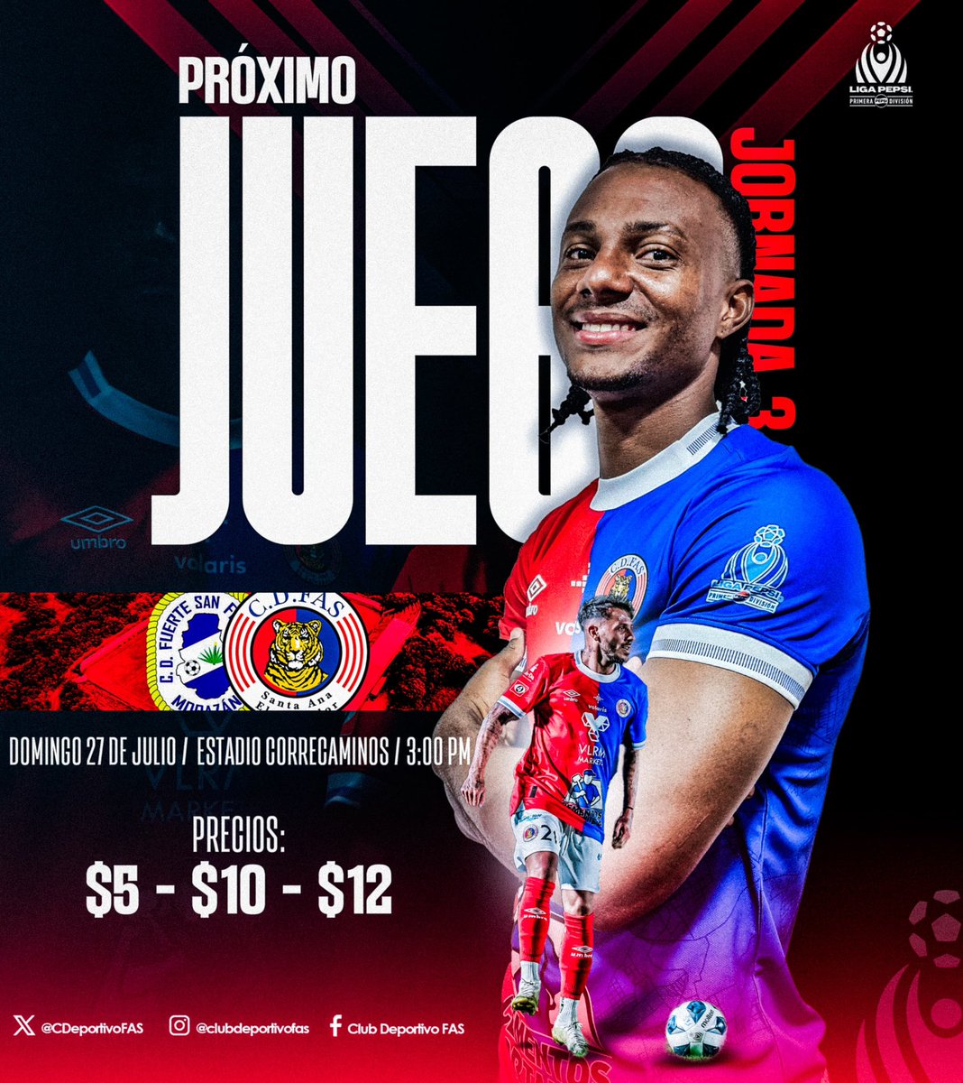 Club Deportivo FAS (@cdeportivofas) on Twitter photo ๐๐ ๐ฏ๐ข๐๐ง๐ ๐จ๐ญ๐ซ๐จ ๐ซ๐๐ญ๐จ ๐๐ ๐ฏ๐ข๐ฌ๐ข๐ญ๐ ๐๐ฝ
๐๏ธ Domingo 27 de julio
๐๏ธ Estadio Correcaminos
โ๏ธ 3:00 PM
๐๏ธ $5 $10 $12
Nos vamos al Estadio Correcaminos con un solo objetivo: seguir sumando ๐ช๐ฝโฝ๏ธ
#CDFAS #AP2025 #Tigrillos ๐๐ ๐ฏ๐ข๐๐ง๐ ๐จ๐ญ๐ซ๐จ ๐ซ๐๐ญ๐จ ๐๐ ๐ฏ๐ข๐ฌ๐ข๐ญ๐ ๐๐ฝ
๐๏ธ Domingo 27 de julio
๐๏ธ Estadio Correcaminos
โ๏ธ 3:00 PM
๐๏ธ $5 $10 $12
Nos vamos al Estadio Correcaminos con un solo objetivo: seguir sumando ๐ช๐ฝโฝ๏ธ
#CDFAS #AP2025 #Tigrillos