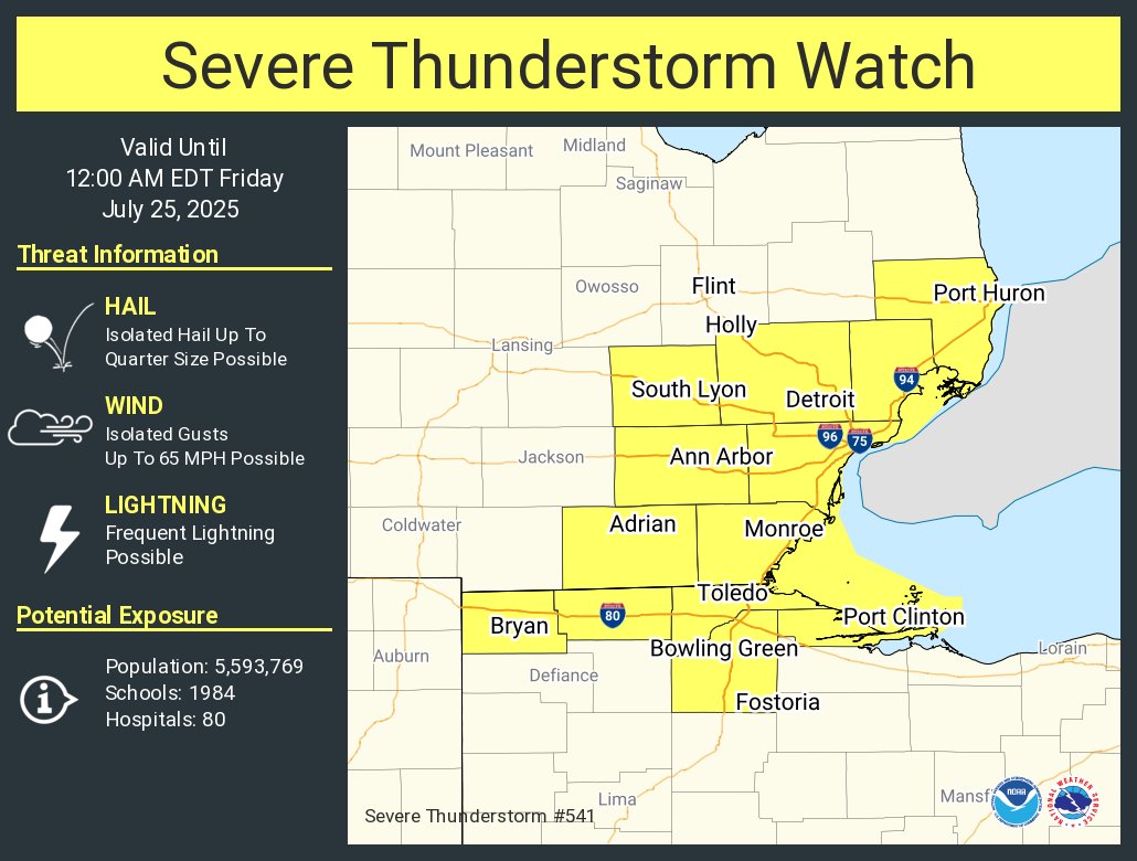 NWSCLE's tweet image. A severe thunderstorm watch has been issued for parts of Michigan and Ohio until 12 AM EDT