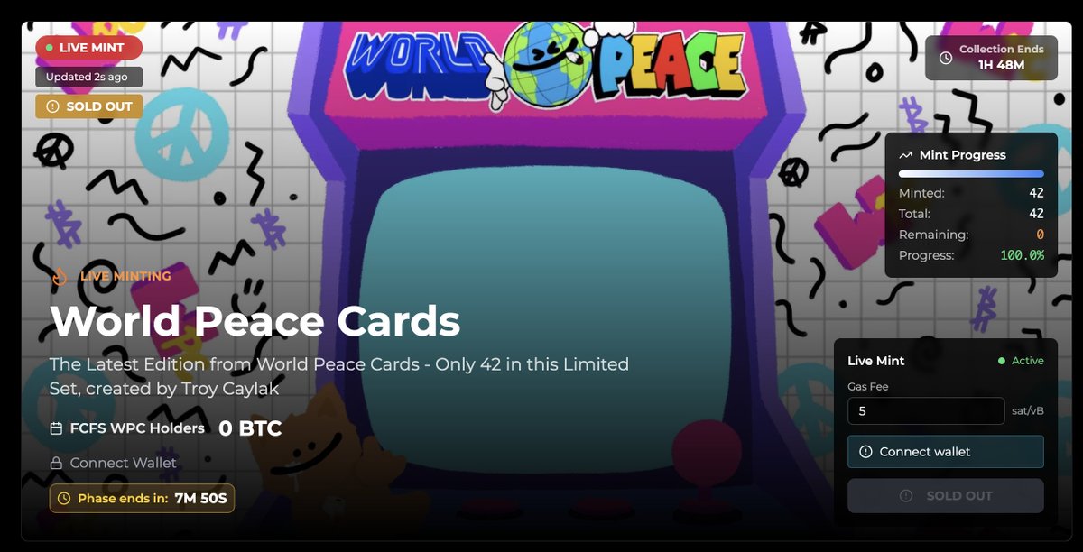 ordzaar's tweet image. Congratulations @WPCBTC and @TroyCaylak
The latest installment of the World Peace Cardsis now SOLD OUT.
Looking forward to the next one!