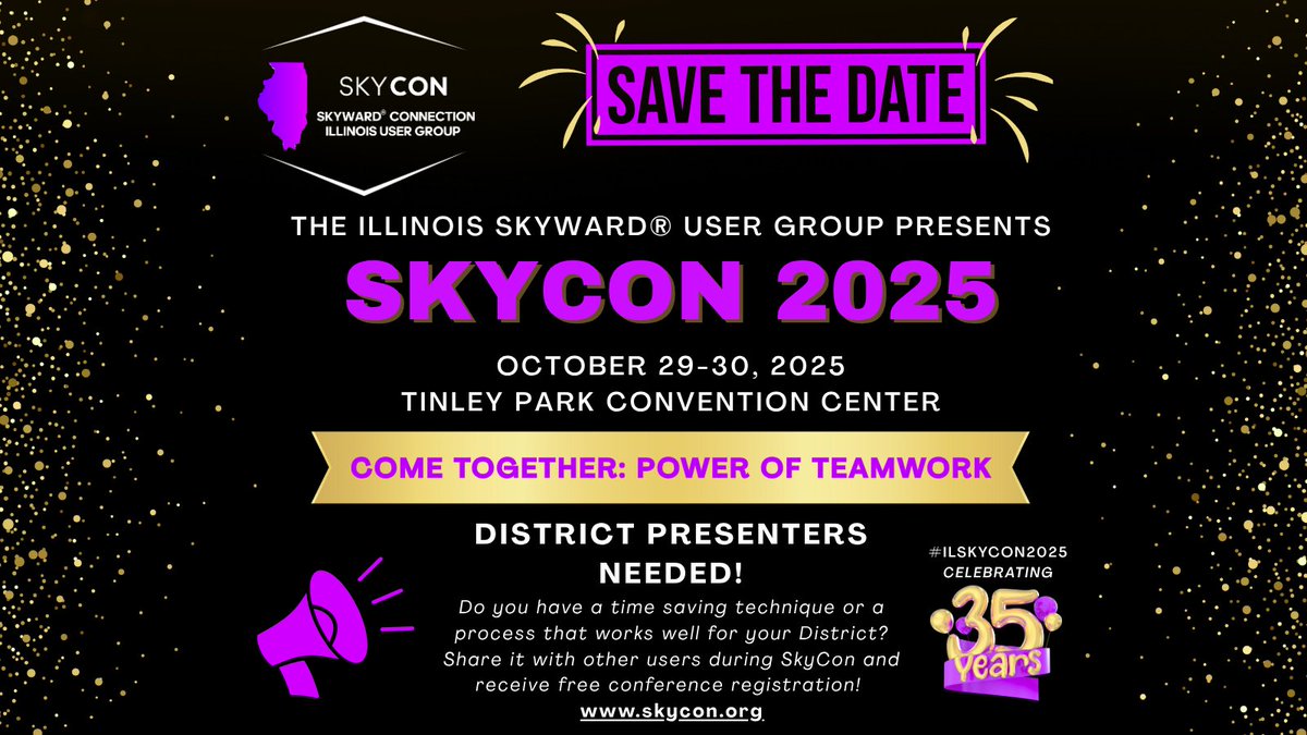 The 35th Annual SkyCon Conference will be held Oct 29-30, 2025 @ the Tinley Park Convention Center. Registration &amp; tentative schedule will be released at the beginning of August.
Visit skycon.org for more info.
#ILSkyCon2025 #ComeTogether #PowerOfTeamwork