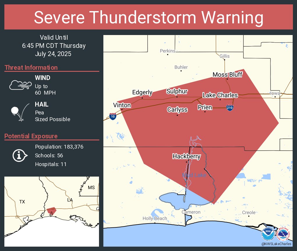 NWSLakeCharles's tweet image. Severe Thunderstorm Warning including Lake Charles LA, Sulphur LA and Moss Bluff LA until 6:45 PM CDT