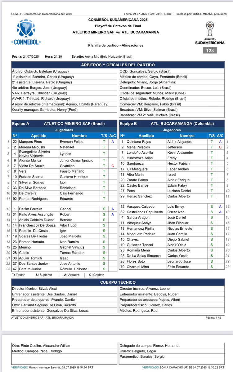 Formaciones confirmadas <a href="/Sudamericana/">CONMEBOL Sudamericana</a> juega <a href="/ABucaramanga/">Atlético Bucaramanga</a> de visita va Mineiro ⚽️👇🏾