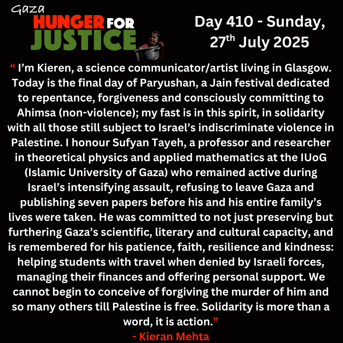 NenaghPalestine's tweet photo. #hunger4justice
Day 410: Kieran Mehta (Glasgow)
Martyr: Sufian Tayeh (https://t.co/0HBBjgM8Eu)
Kieran dedicates his fast to Sufian Tayeh, the President of the Islamic University of Gaza, murdered with his family in Jabaliya in an IDF airstrike
Join us:
https://t.co/V7VTiGXzhZ https://t.co/qn8FXnDpDK