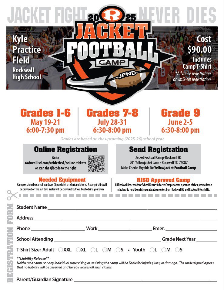 UtleyBoys's tweet image. 🚨 JACKET FOOTBALL CAMP 🚨
Don’t forget — 7th & 8th grade camp starts NEXT WEEK! Even if you can’t make all 4 days, it’s worth it!
📅 Mon–Thurs | 6:30–8:00 PM
💵 Cash/Check accepted in person. Make checks out to “JACKET FOOTBALL CAMP”.
💻 Register online: events.hometownticketing.com/boxoffice/rock…