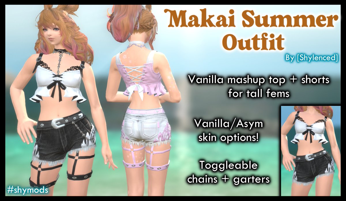 Shylenced (shy.etheirys.social π¦βοΈ) (@shy_xiv) on Twitter photo New vanilla mashup release! Makai Summer Outfit is now available π
A summery crop top + shorts, including some toggles and an extra asym skin option since I learned how to do that recently!
Download links in replies! π·
#ffxivmods #vanillacreatives #shymods New vanilla mashup release! Makai Summer Outfit is now available π
A summery crop top + shorts, including some toggles and an extra asym skin option since I learned how to do that recently!
Download links in replies! π·
#ffxivmods #vanillacreatives #shymods