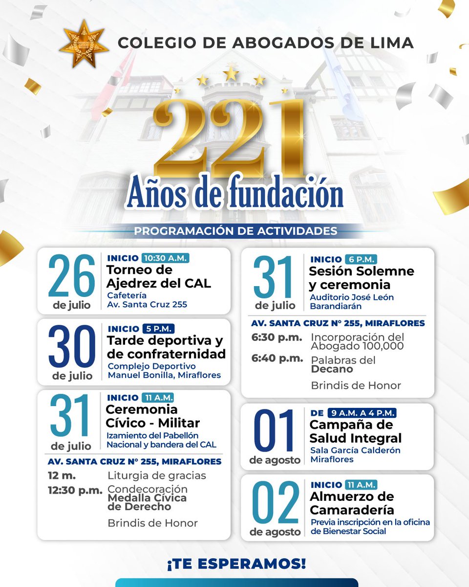 CALPERUOFICIAL's tweet image. 🔵🎉 #AniversarioCAL | ¡Celebremos juntos los 221 años del Colegio de Abogados de Lima!
Del 24 de julio al 2 de agosto, nuestra Ilustre Orden conmemora un nuevo aniversario con actividades académicas, protocolares, deportivas y de confraternidad.
⸻
JUEVES 24 DE JULIO AL…