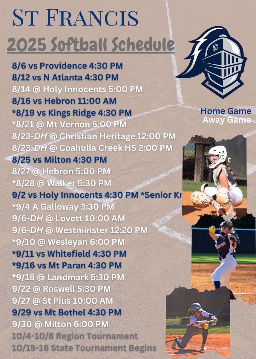 🚨Schedule drop 🗓️
<a href="/ExtraInningSB/">EXTRA INNING SOFTBALL</a> <a href="/LineDsoftball/">Line Drive Media</a> <a href="/SoftballDown/">Down South Softball</a> <a href="/OfficialGHSA/">GHSA</a> <a href="/GaTop100/">Georgia Dugout Club</a> <a href="/DooleysList/">Coach Dooley’s List</a> <a href="/stfrancisad/">Saint Francis Athletics</a>