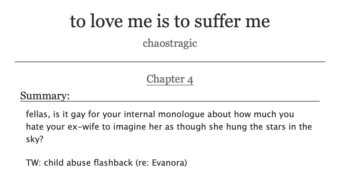 eldritch_frog's tweet image. to love me is to suffer me - ch 4 has been posted 🫡
and rewards for suffering the first few chapters coming soon. not yet... but soon.
archiveofourown.org/works/67228942…