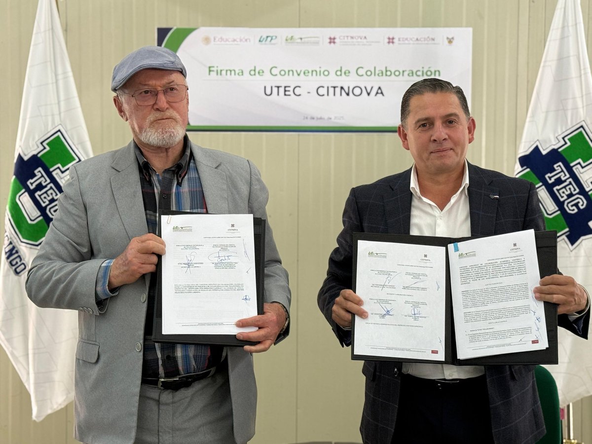 CITNOVA's tweet image. ¡#CITNOVA y #UTec, grandes aliados por la ciencia y el conocimiento! 🤝🔬

Se llevó a cabo la firma de convenio entre el Consejo de Ciencia, Tecnología e Innovación de Hidalgo (CITNOVA) y la @utec_tgo.