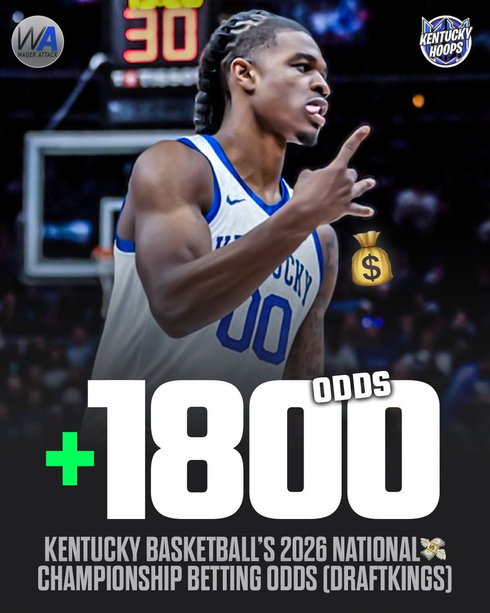 kentuckyhoopsig's tweet image. The Kentucky Wildcats currently have their odds set to win the 2026 National Championship at +1800 👀😳
Will you bet on Kentucky to win the title? ⬇️ (via @DKSportsbook)
