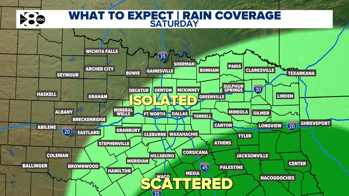 JesseWFAA's tweet image. We don't have widespread rain in the forecast this weekend, but isolated to scattered showers and storms are possible mainly Saturday. The highest coverage is expected to be southeast of the metroplex. No severe weather in the forecast.