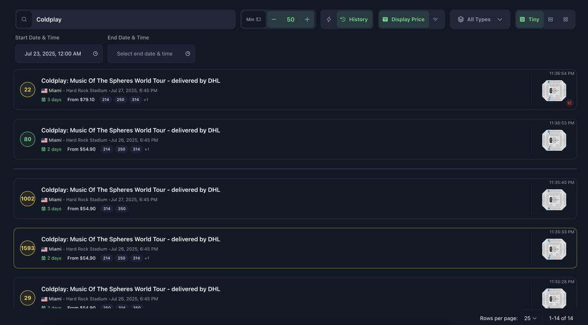 Earliest ping on Coldplay Restock  - Fastest pings strike again. ⚡️

Our smart filters + instant iOS &amp; desktop alerts did exactly what they were built to do. 📷 

Tickets gone in seconds — and SeatRadar users got there first. 

Join the future @ app.seatradar.io